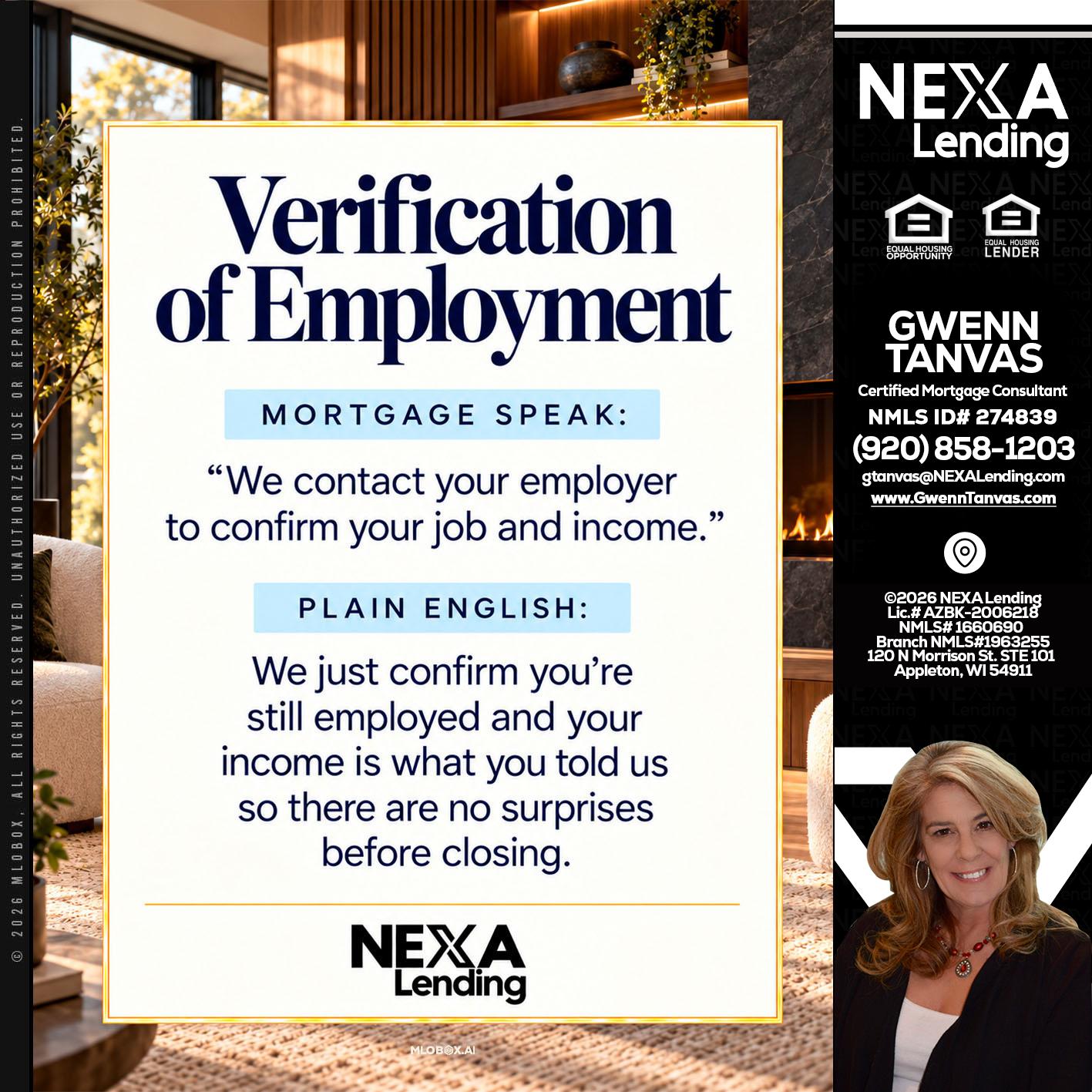 VERIFICATION OF EMPLOYMENT - Gwenn Tanvas -Certified Mortgage Consultant
